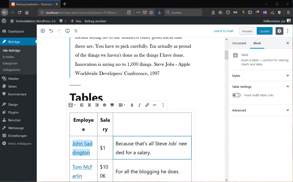 Screenshot: WordPress5 Gutenberg
